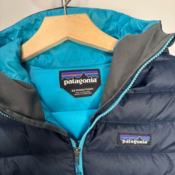 Patagonia Down Sweater Hoody Puffer Jacket Navy / Turquoise Blue Women’s XS - Picture 2 of 14